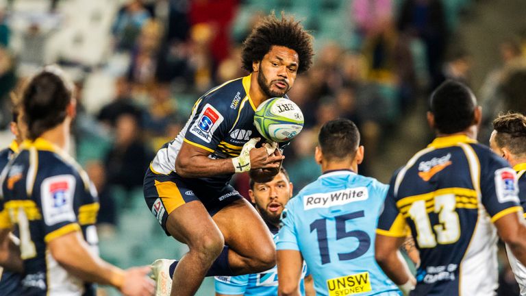 Henry Speight of the Brumbies jumps for the ball