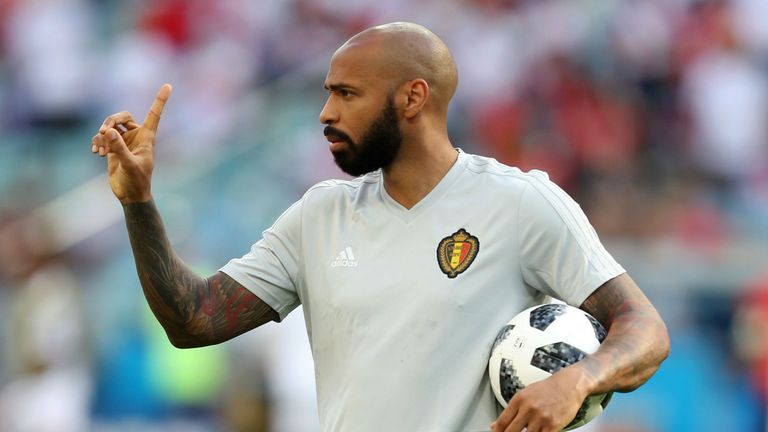  Thierry Henry, Assistant Coach of Belgium gives his team instructions ahead of the 2018 FIFA World Cup Russia group G match between Belgium and Panama at Fisht Stadium on June 18, 2018 in Sochi, Russia. 