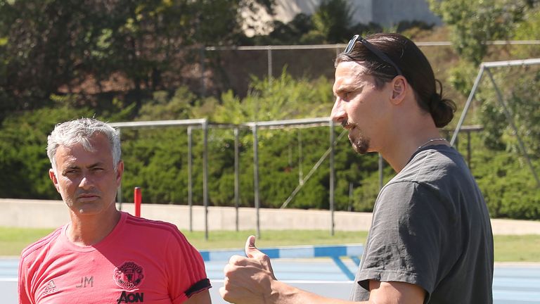 Zlatan Ibrahimovic chats to Jose Mourinho during a Manchester United pre-season training session at UCLA on July 23, 2018 in Los Angeles, California