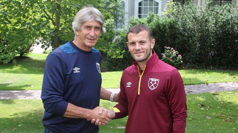 Jack Wilshere meets new boss Manuel Pellegrini after signing a three-year deal at the London Stadium