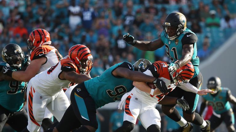 Marcell Dareus #99 of the Jacksonville Jaguars on the field in the second half of their game against the Cincinnati Bengals at EverBank Field on November 5, 2017 in Jacksonville, Florida.