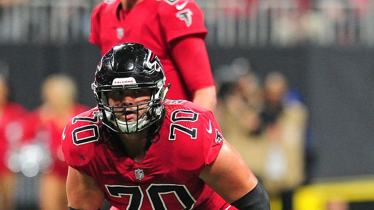 ATLANTA, GA - DECEMBER 7: Jake Matthews #70 of the Atlanta Falcons gets set for a play against the New Orleans Saints at Mercedes-Benz Stadium on December 7, 2017 in Atlanta, Georgia. (Photo by Scott Cunningham/Getty Images) *** Local Caption *** Jake Matthews