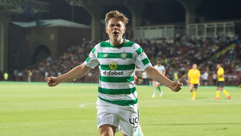 Celtic's James Forrest celebrates his goal to make it 2-0 against Alashkert in the Champions League
