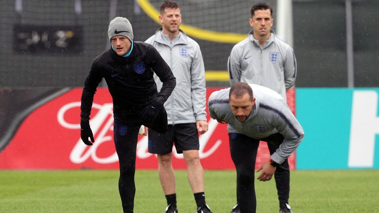 Jamie Vardy takes part in a warm-up session with the England squad at Spartak Zelenogorsk Stadium