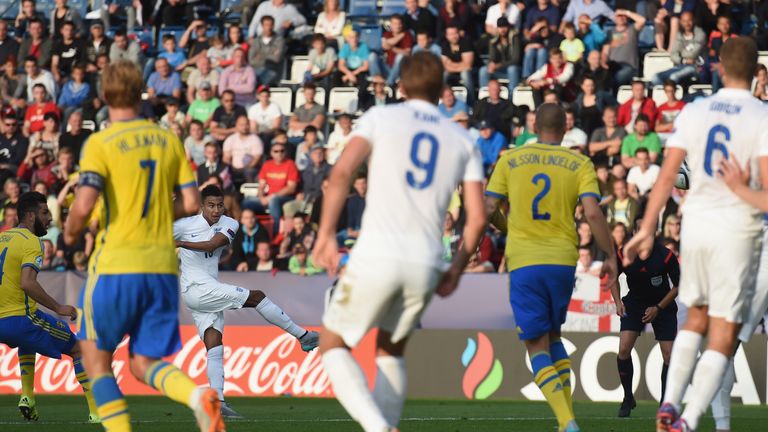 Jesse Lingard scores as Harry Kane looks on during the UEFA Under-21 European Championship 2015 match between Sweden and England at Andruv Stadium on June 21, 2015 in Olomouc, Czech Republic. 