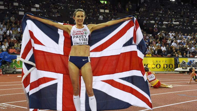 Great Britain's Jo Pavey celebrates after winning the Women's 10,000m final during the European Athletics Championships at the Letzigrund stadium in Zurich on August 12, 2014