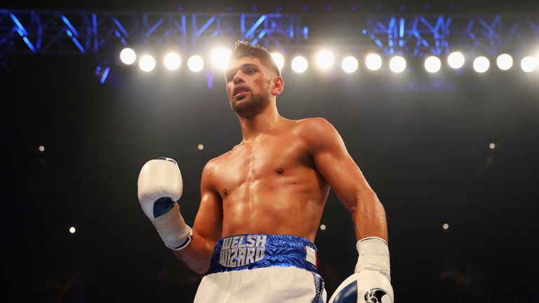 Joe Cordina celebrates victory after the Lightweight contest against Lester Cantillano at Principality Stadium on October 28, 2017 in Cardiff, Wales. 