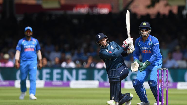 Joe Root and MS Dhoniduring the 2nd ODI Royal London One Day International match between England and India at Lord's Cricket Ground on July 14, 2018 in London, England.