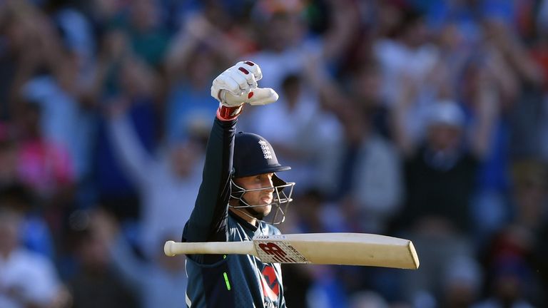 LEEDS, ENGLAND - JULY 17:  England batsman Joe Root celebrates his century off the last ball of the match as Virat Kohli looks on during 3rd ODI Royal London One Day match between England and India at Headingley on July 17, 2018 in Leeds, England.  (Photo by Stu Forster/Getty Images)