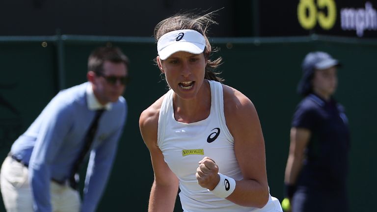 Britain's Johanna Konta celebrates winning a game against Russia's Natalia Vikhlyantseva during their women's singles first round match on the second day of the 2018 Wimbledon Championships at The All England Lawn Tennis Club in Wimbledon, southwest London, on July 3, 2018