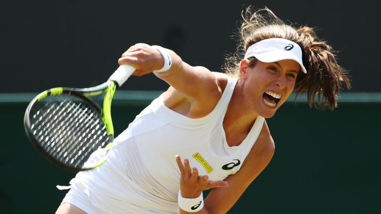 Johanna Konta of Great Britain returns against Natalia Vikhlyantseva of Russia during their Ladies' Singles first round match on day two of the Wimbledon Lawn Tennis Championships at All England Lawn Tennis and Croquet Club on July 3, 2018 in London, England