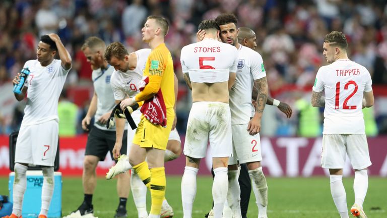 England's John Stones is consoled by Kyle Walker at full time, before extra time, during the FIFA World Cup, Semi Final match at the Luzhniki Stadium, Moscow. PRESS ASSOCIATION Photo. Picture date: Wednesday July 11, 2018. See PA story WORLDCUP Croatia. Photo credit should read: Owen Humphreys/PA Wire. RESTRICTIONS: Editorial use only. No commercial use. No use with any unofficial 3rd party logos. No manipulation of images. No video emulation.