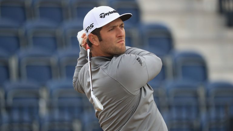 Jon Rahm hits a tee shot during previews to the 147th Open Championship at Carnoustie Golf Links on July 18, 2018