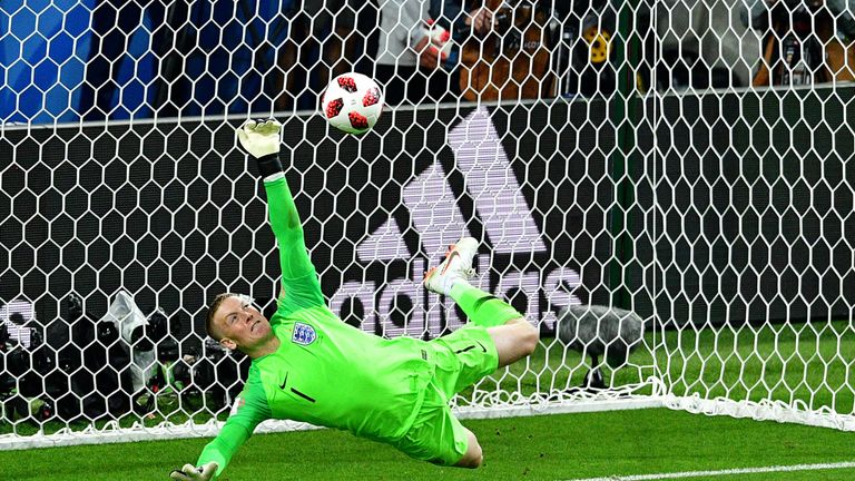 England goalkeeper Jordan Pickford saves a penalty by Colombia forward Carlos Bacca during the shootout