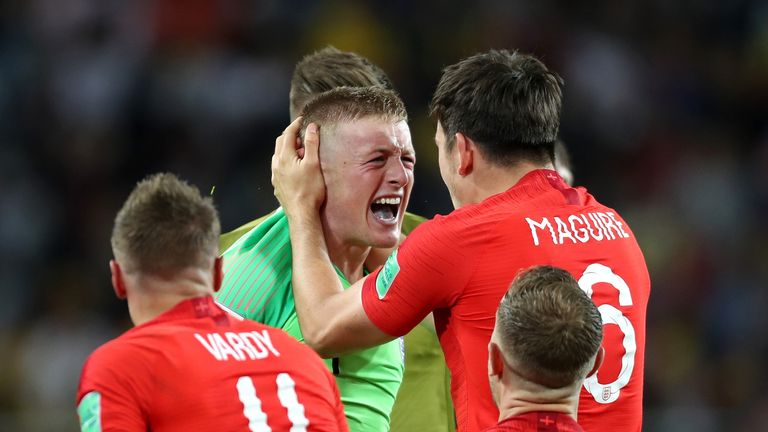 Jordan Pickford and Harry Maguire celebrate following England's 4-3 penalty shootout win over Colombia