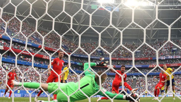 Jordan Pickford of England makes a save during the 2018 FIFA World Cup Russia Quarter Final match between Sweden and England at Samara Arena on July 7, 2018 in Samara, Russia