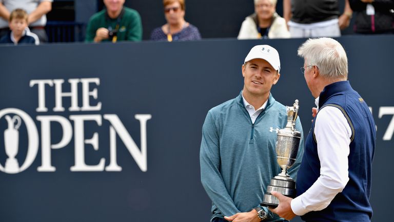 Jordan Spieth returns the Claret Jug to R&A chief executive Martin Slumbers