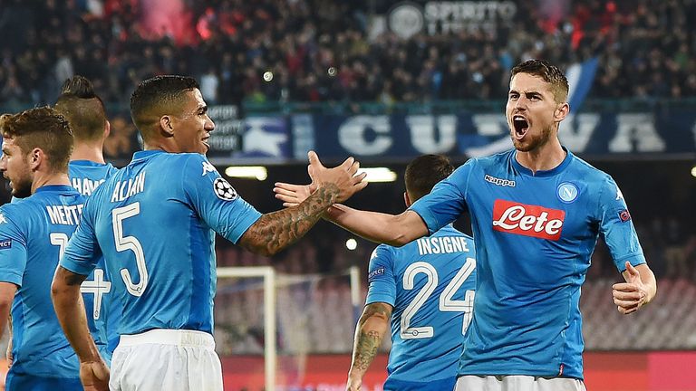Allan and Jorginho celebrate during the UEFA Champions League group F match between SSC Napoli and Manchester City at Stadio San Paolo on November 1, 2017 in Naples, Italy.