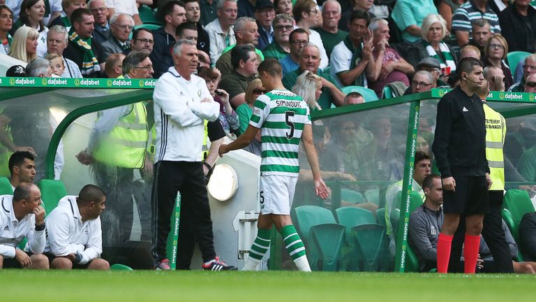 GLASGOW, SCOTLAND - JULY 18: Jozo Simunovic of Celtic walks off the pitch after being red carded during the UEFA Champions League Qualifier between Celtic and Alashkert FC  at Celtic Park on July 18, 2018 in Glasgow, Scotland. (Photo by Ian MacNicol/Getty Images)