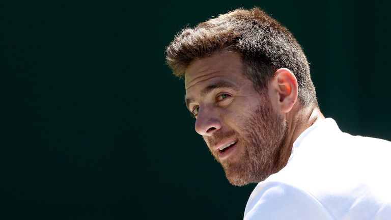 Juan Martin del Potro of Argentina cools down while practicing during training for the Wimbledon Lawn Tennis Championships at the All England Lawn Tennis and Croquet Club at Wimbledon on June 30, 2018 in London, England.