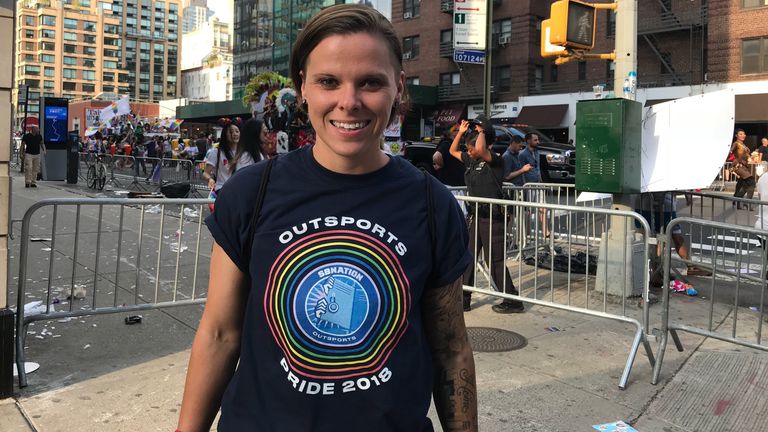 Katie Sowers, San Francisco 49ers assistant coach, with Outsports at the 2018 New York Pride Parade