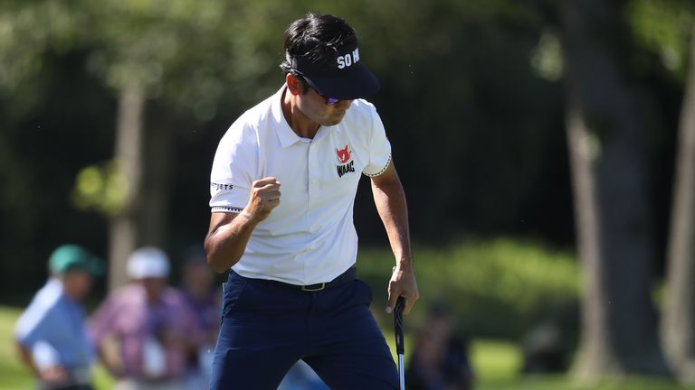WHITE SULPHUR SPRINGS, WV - JULY 8 : Kevin Na reacts after his putt on the 14th hole during the final round of A Military Tribute At The Greenbrier held at the Old White TPC course on July 8, 2018 in White Sulphur Springs, West Virginia. (Photo by Rob Carr/Getty Images)