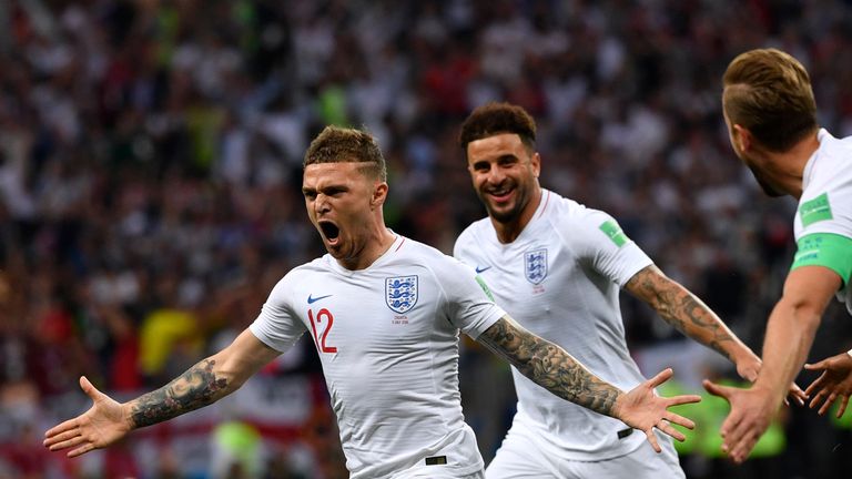 Kieran Trippier celebrates putting England ahead against Croatia