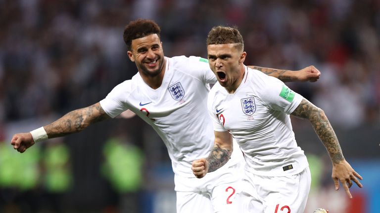 Kieran Trippier celebrates after his freekick puts England ahead in Moscow