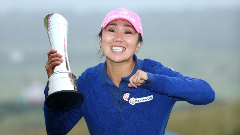 In-Kyung Kim of Korea poses with the trophy following her victory during the final round of the Ricoh Women's British Open at Kingsbarns Golf Links on August 6, 2017 in Kingsbarns, Scotland