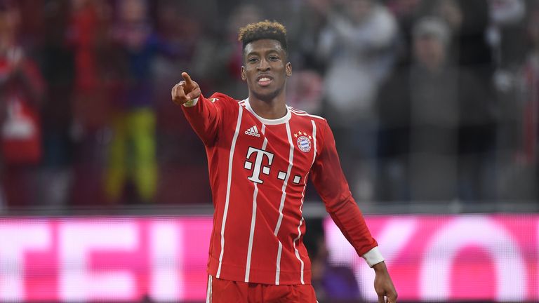 MUNICH, GERMANY - JANUARY 27: Kingsley Coman of Bayern Muenchen celebrates after he scored a goal to make it 3:2 during the Bundesliga match between FC Bayern Muenchen and TSG 1899 Hoffenheim at Allianz Arena on January 27, 2018 in Munich, Germany. (Photo by Matthias Hangst/Bongarts/Getty Images)