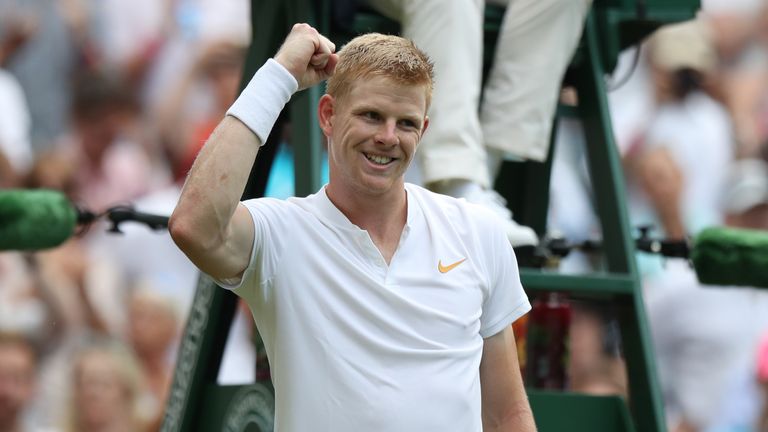 Britain's Kyle Edmund celebrates beating US player Bradley Klahn 6-4, 7-5, 6-2 in their men's singles second round match on the fourth day of the 2018 Wimbledon Championships at The All England Lawn Tennis Club in Wimbledon, southwest London, on July 5, 2018.