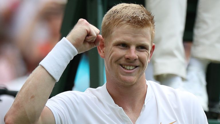 Britain's Kyle Edmund celebrates beating US player Bradley Klahn 6-4, 7-5, 6-2 in their men's singles second round match on the fourth day of the 2018 Wimbledon Championships at The All England Lawn Tennis Club in Wimbledon, southwest London, on July 5, 2018.
