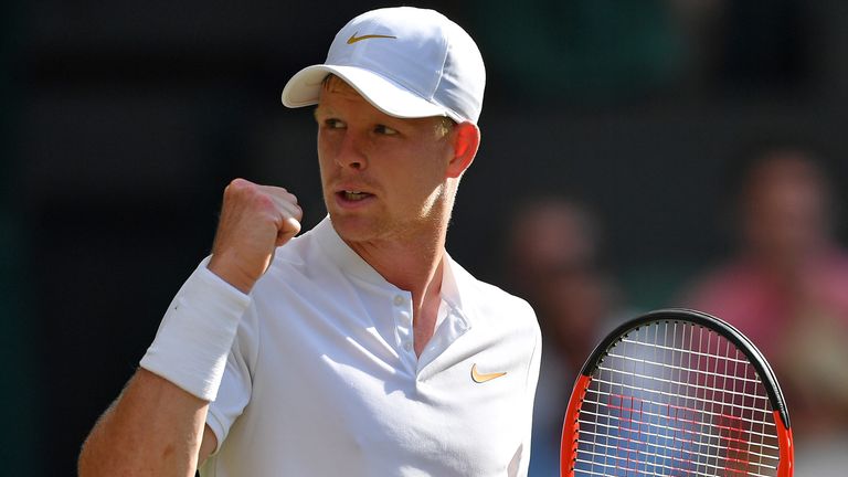 Britain's Kyle Edmund celebrates winning a point against Serbia's Novak Djokovic during their men's singles third round match on the sixth day of the 2018 Wimbledon Championships at The All England Lawn Tennis Club in Wimbledon, southwest London, on July 7, 2018.