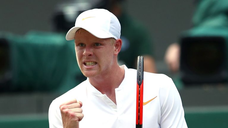 Kyle Edmund of Great Britain celebrates a point against Novak Djokovic of Serbia during their Men's Singles third round match on day six of the Wimbledon Lawn Tennis Championships at All England Lawn Tennis and Croquet Club on July 7, 2018 in London, England.