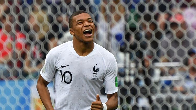 Kylian Mbappe during the 2018 World Cup quarter-final between Uruguay and France at the Nizhny Novgorod Stadium on July 6, 2018