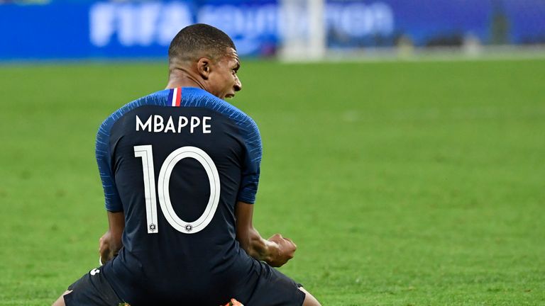Kylian Mbappe celebrates after France&#39;s World Cup semi-final win over Belgium