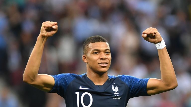 Kylian Mbappe celebrates after France take a 4-1 lead