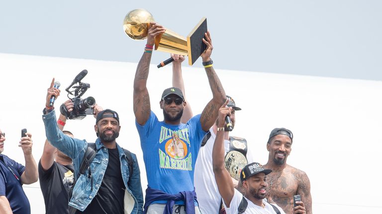 CLEVELAND, OH -  JUNE 20: Kyrie Irving #2 LeBron James #23 Tristan Thompson #13 Kevin Love #0 J.R. Smith #5 of the Cleveland Cavaliers return to Cleveland after wining the NBA Championships on June 20, 2016 in Cleveland, Ohio. (Photo by Jason Miller/Getty Images)  *** Local Caption *** Kyrie Irving; LeBron James; Tristan Thompson; Kevin Love; J.R. Smith
