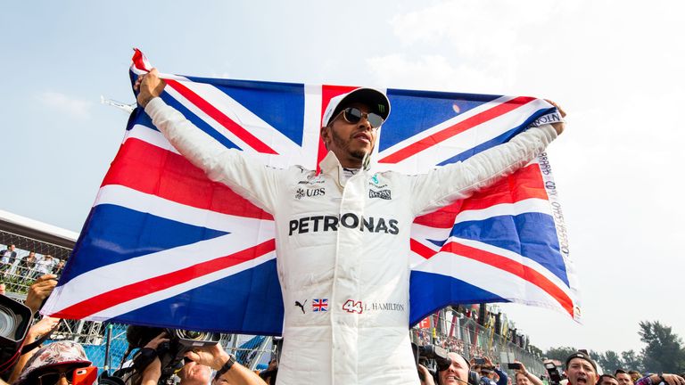 Lewis Hamilton of Mercedes and Great Britain becomes the 2017 Formula One Drivers World Champion at the Mexican Grand Prix on October 29, 2017