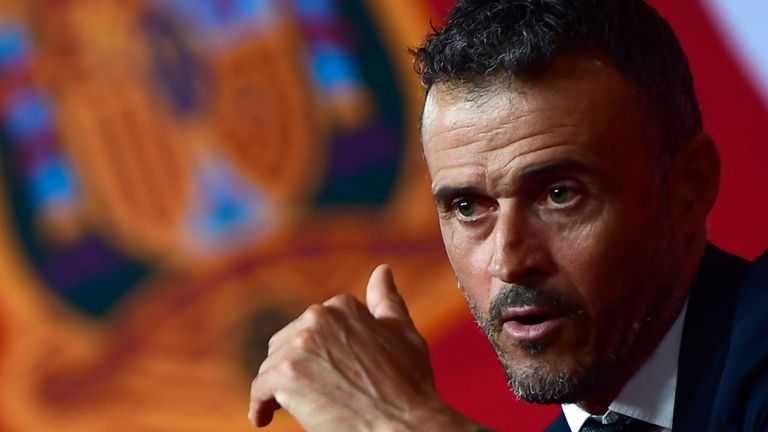 Spain's new coach Luis Enrique talks to the press during his official presentation