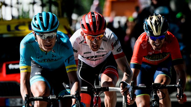 Denmark's Magnus Nielsen, Netherlands' Bauke Mollema and Spain's Jon Izagirre ride during their breakaway