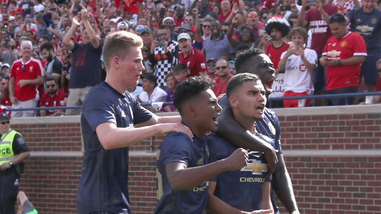 Manchester United players celebrate Andreas Pereira's equaliser