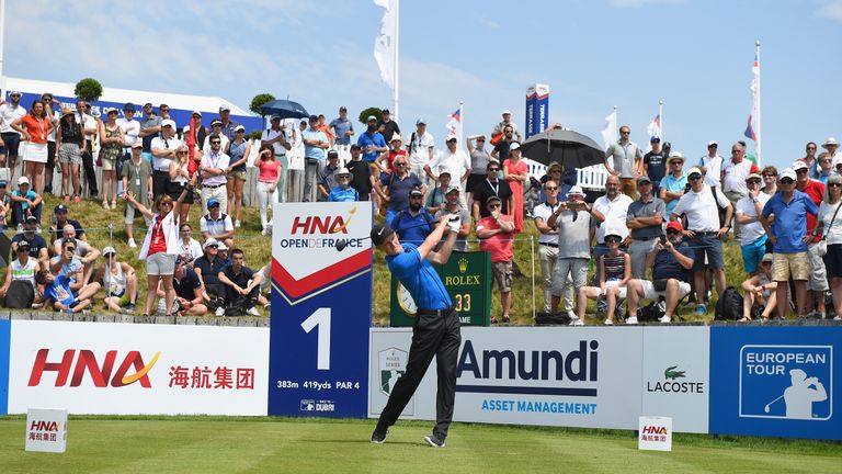 Marcus Kinhult plays his first shot on the 1st tee during final round of the HNA Open de France at Le Golf National on July 1, 2018 in Paris, France.