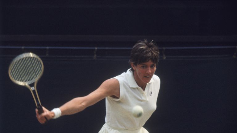 Defending champion Margaret Court competing against fellow Australian Evonne Goolagong in the Ladies' Singles Final at Wimbledon, 2nd July 1971. Goolagong won the match 6-4, 6-1. 