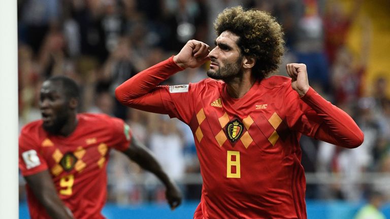 Marouane Fellaini celebrates after equalising for Belgium against Japan