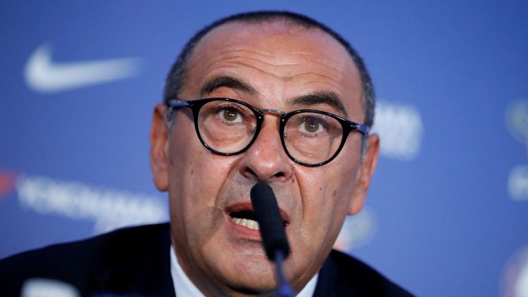 Chelsea's newly appointed manager, Maurizio Sarri, speaks during his unveiling at Stamford Bridge