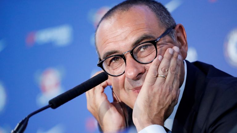Chelsea's newly appointed manager, Maurizio Sarri, during his unveiling at Stamford Bridge