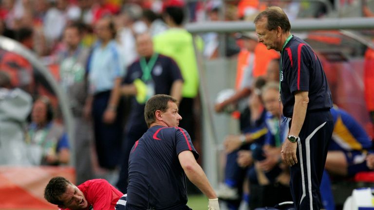 Michael Owen down injured for England against Sweden at the 2006 World Cup