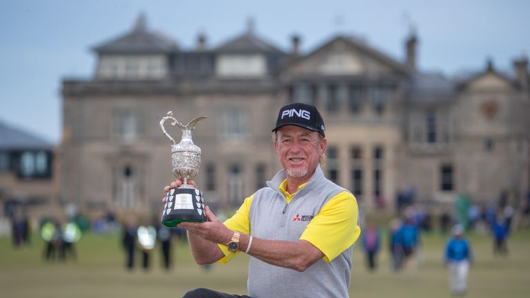 Jimenez celebrates after winning the Senior Open at St Andrews last year