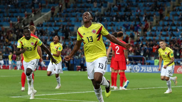 Yerry Mina shows his delight at having hauled Colombia level in stoppage time